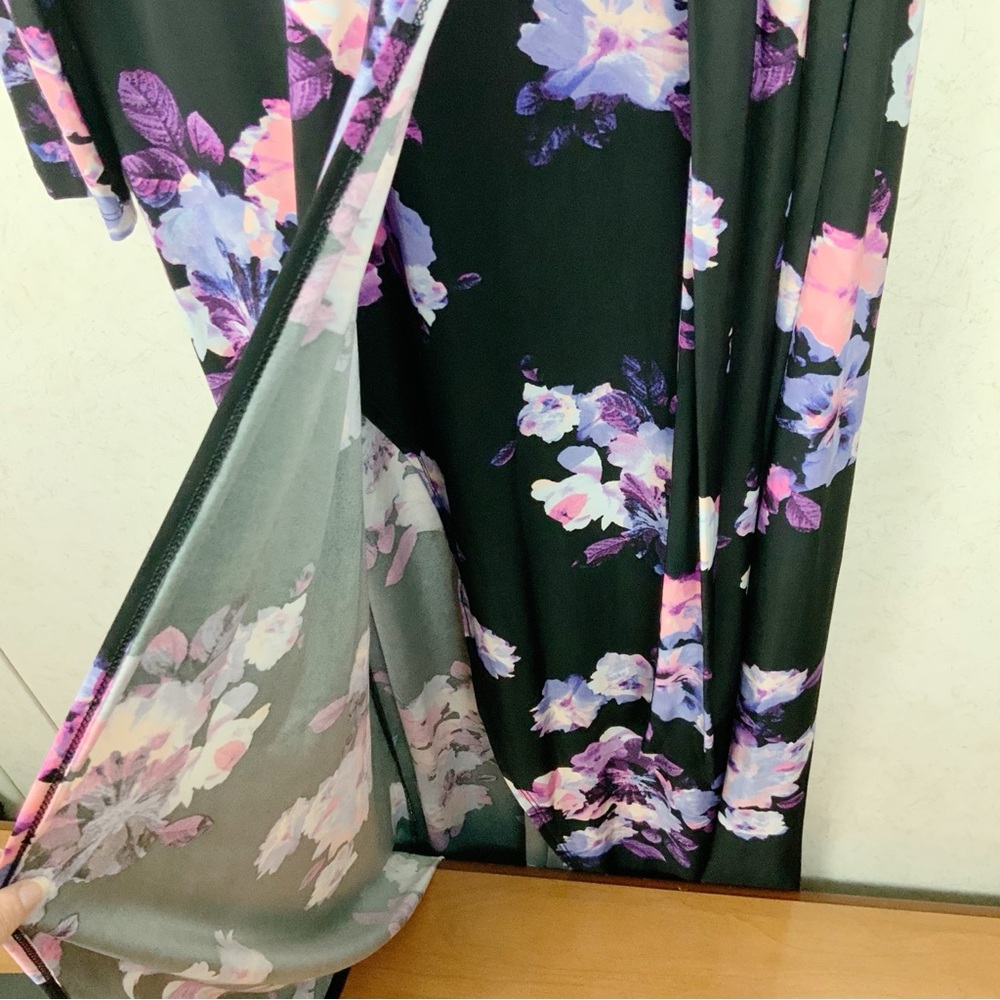 Jennifer Lopes Black Floral Long Sleeve Faux Wrap Maxi Dress M Leg Split Wedding - Picture 6 of 10
